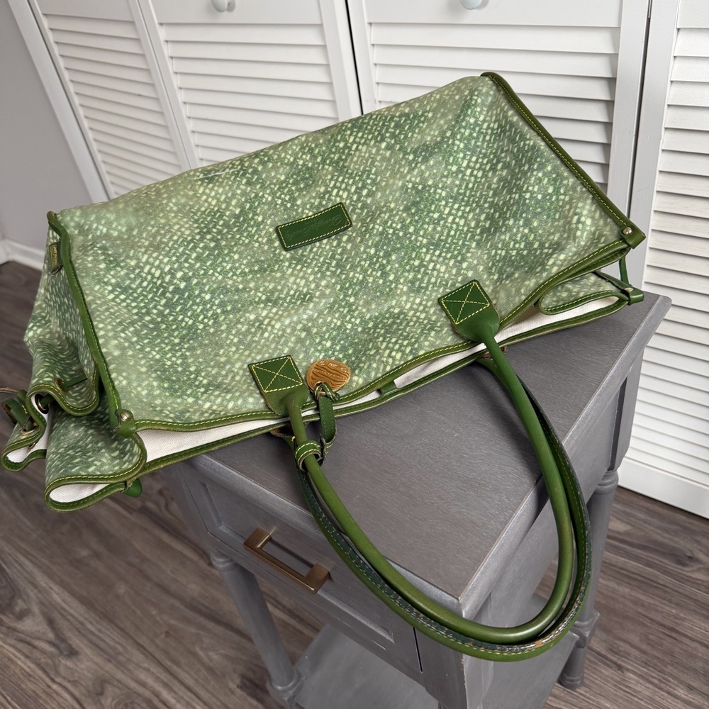 Vintage Dooney & Bourke XL Tote Bag Green Leather Canvas Large Shopper - Picture 10 of 16